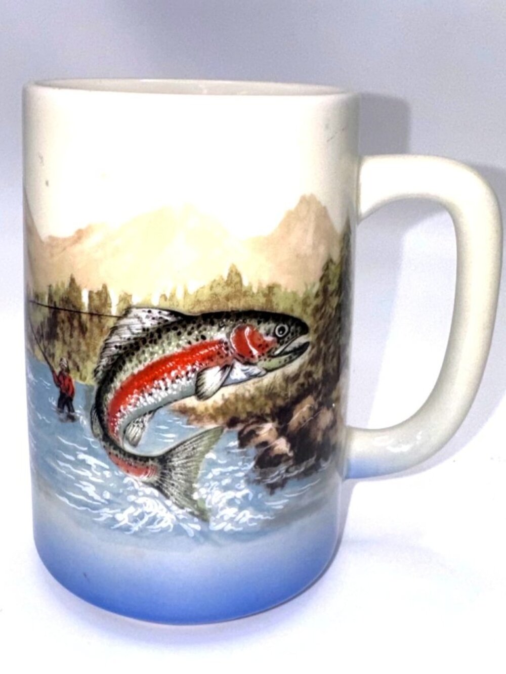 Vintage Otagiri Japan Ceramic Mug  Fishing Scene  Rainbow Trout Design 12 Oz Cap